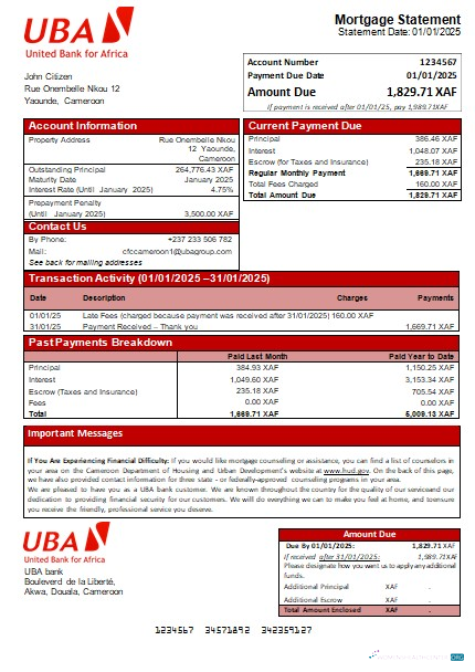 Download Cameroon UBA bank mortgage statement scr Photoshop template